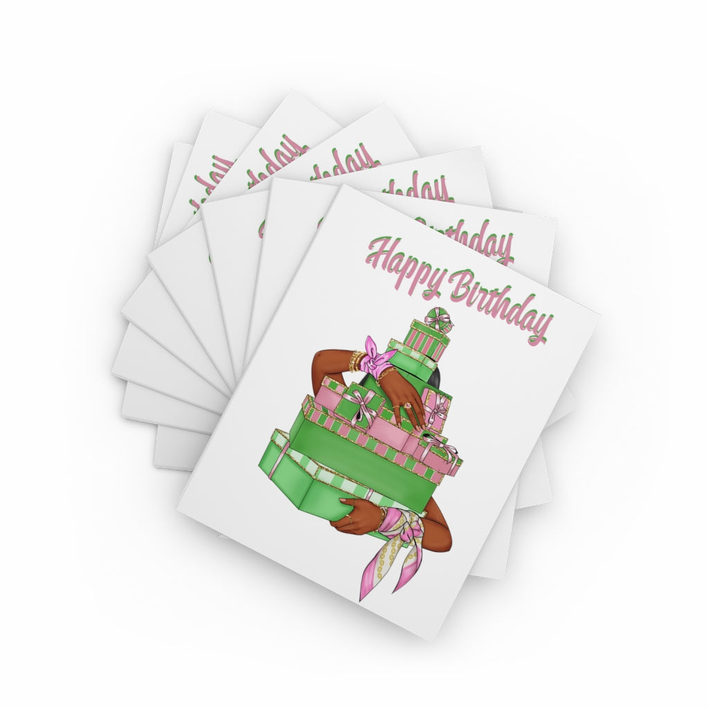 Happy Birthday (Pink &Green) Greeting cards ~ White (8, 16, 24 pcs)