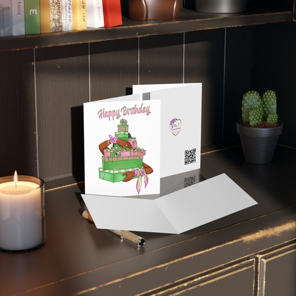 Happy Birthday (Pink &Green) Greeting cards ~ White (8, 16, 24 pcs)