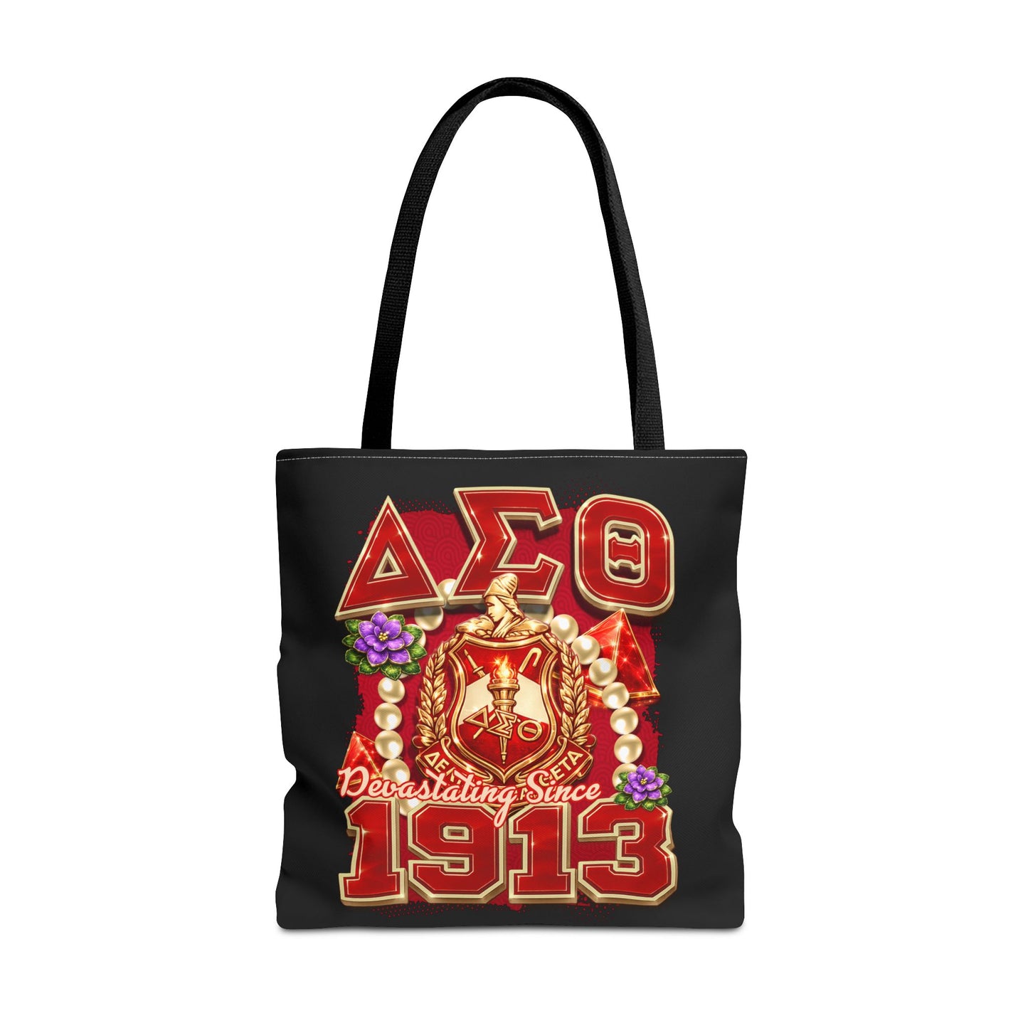 Delta Sigma Theta Crest Pearls I Pyramid I Tote Bag | DST Sorority Design (Black)
