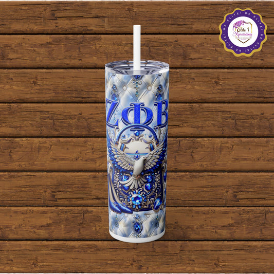 Zeta Phi Beta (Dove Love) Skinny Tumbler with Straw, 20oz