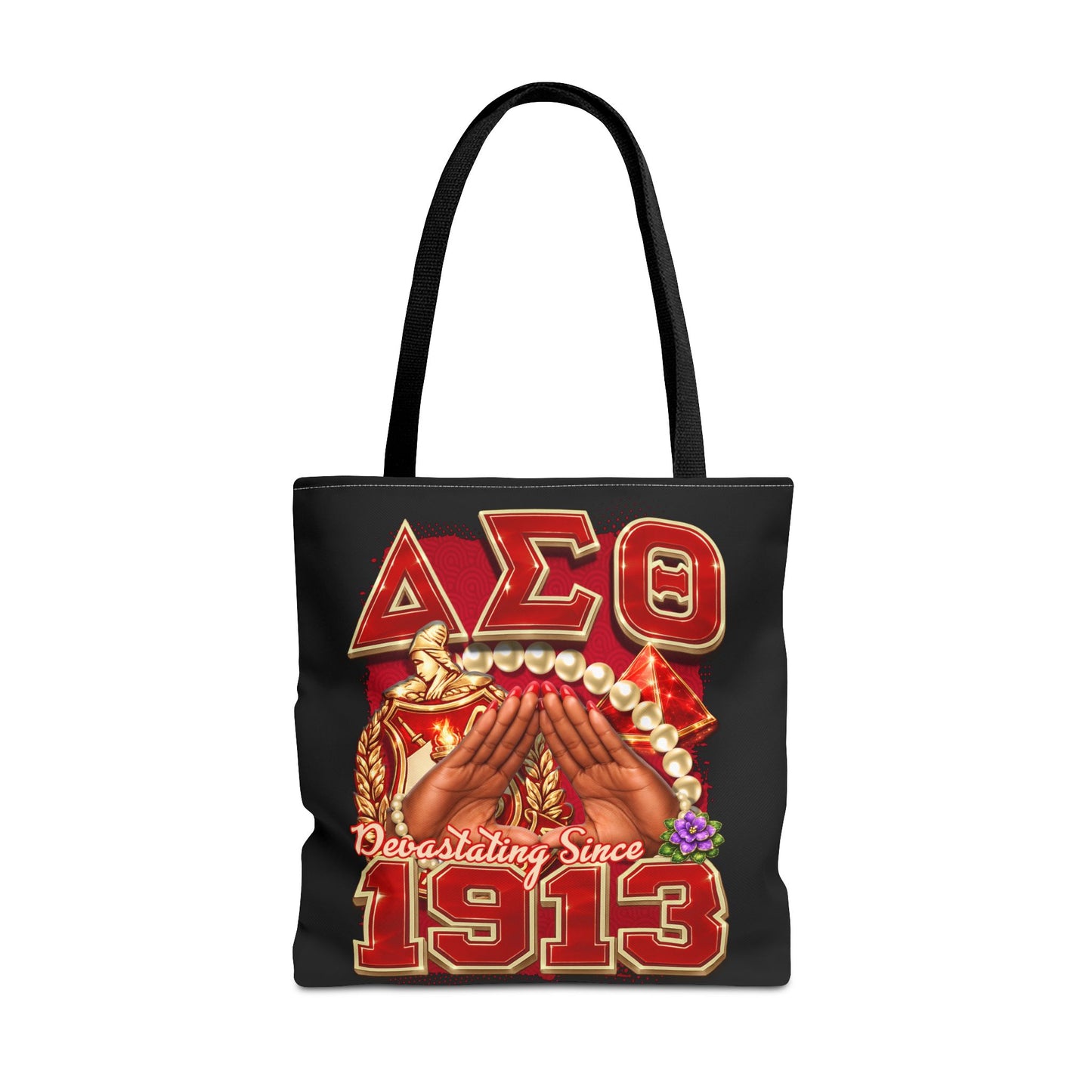 Delta Sigma Theta Crest Pearl Hand I Pyramid Tote Bag | DST Sorority Design (Black)