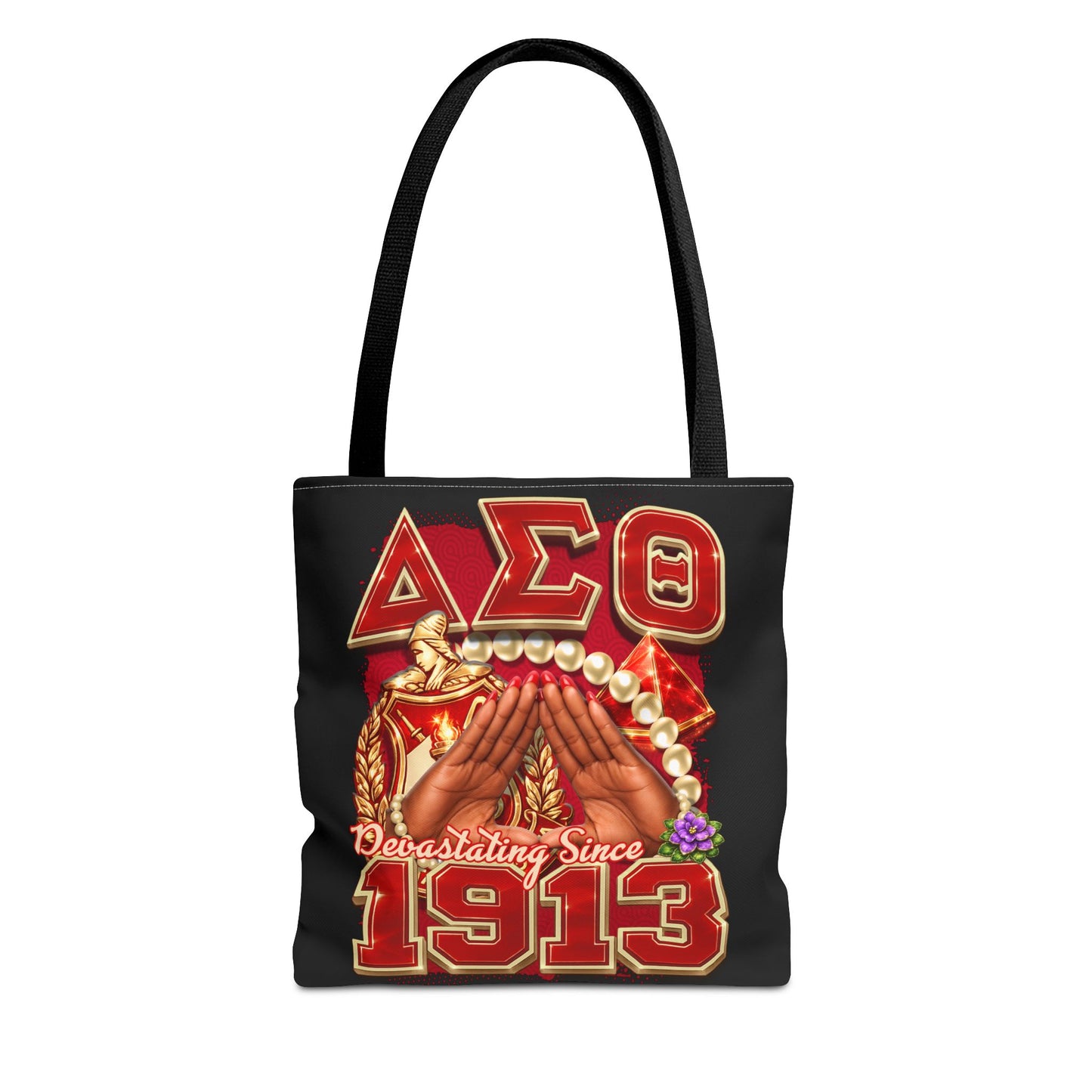 Delta Sigma Theta Crest Pearl Hand I Pyramid Tote Bag | DST Sorority Design (Black)
