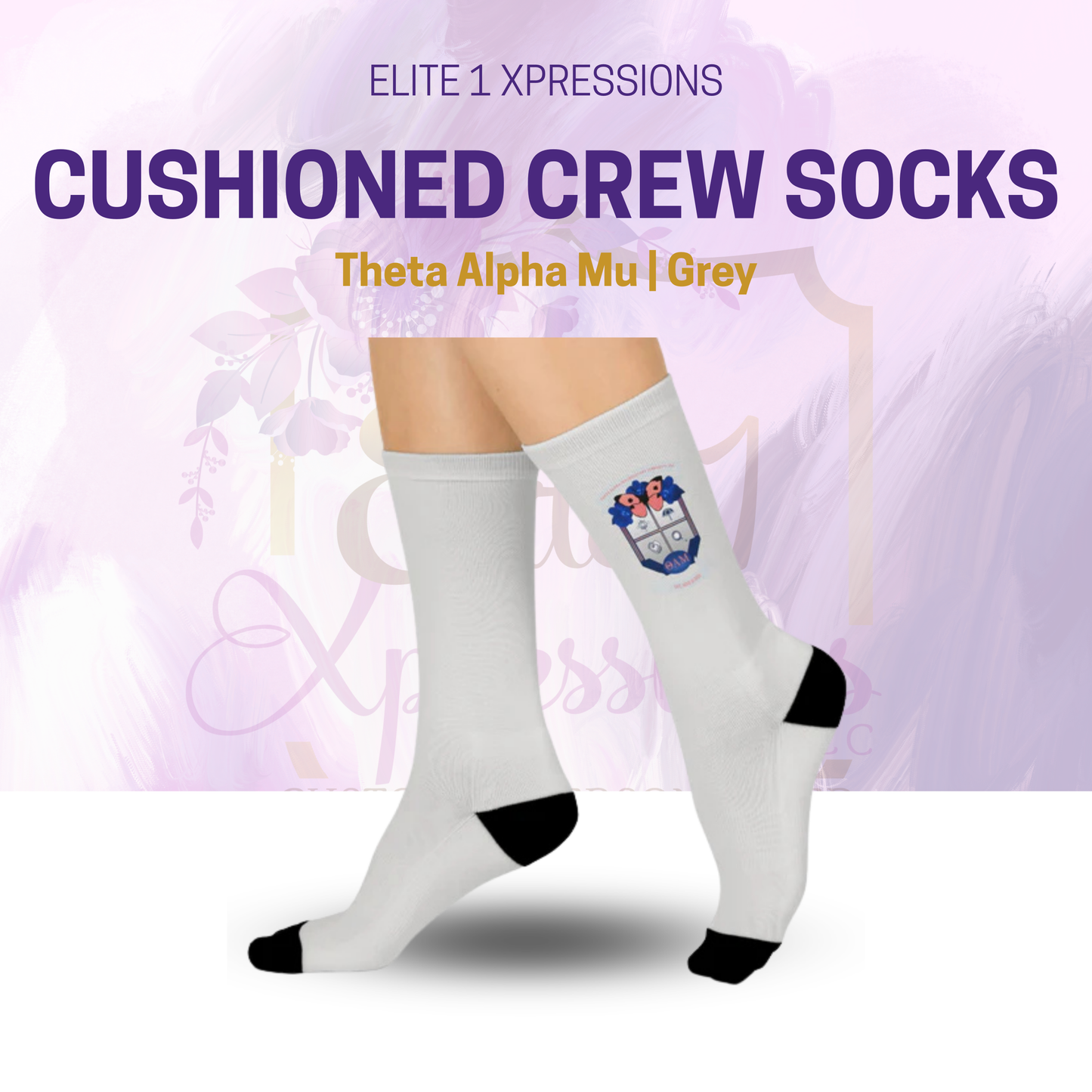 Theta Alpha Mu Cushioned Crew Socks (Grey)