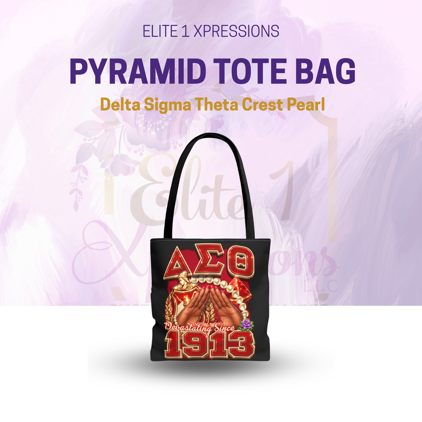 Delta Sigma Theta Crest Pearls I Pyramid I Tote Bag | DST Sorority Design (Black)