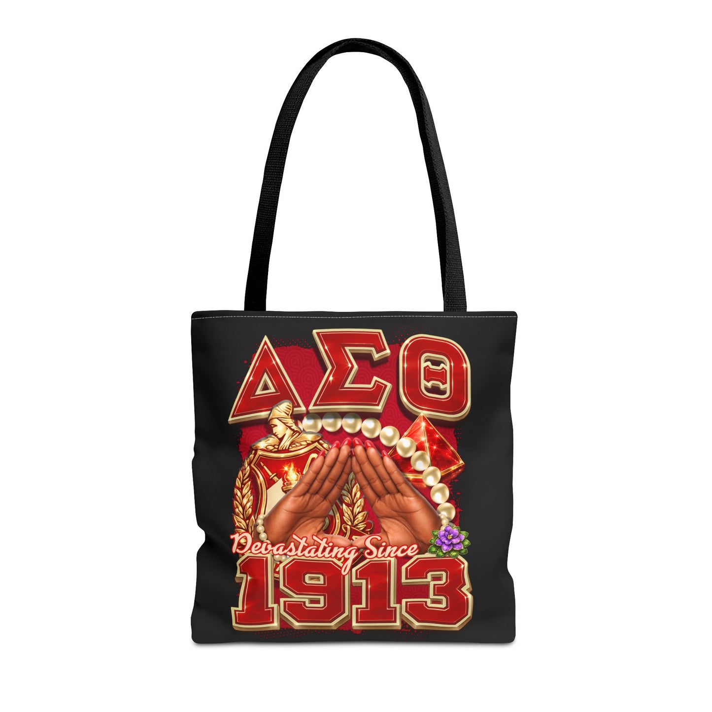 Delta Sigma Theta Crest Pearl Hand I Pyramid Tote Bag | DST Sorority Design (Black)