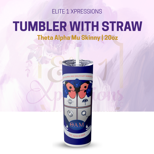 Theta Alpha Mu Skinny Tumbler with Straw, 20oz (Blue)
