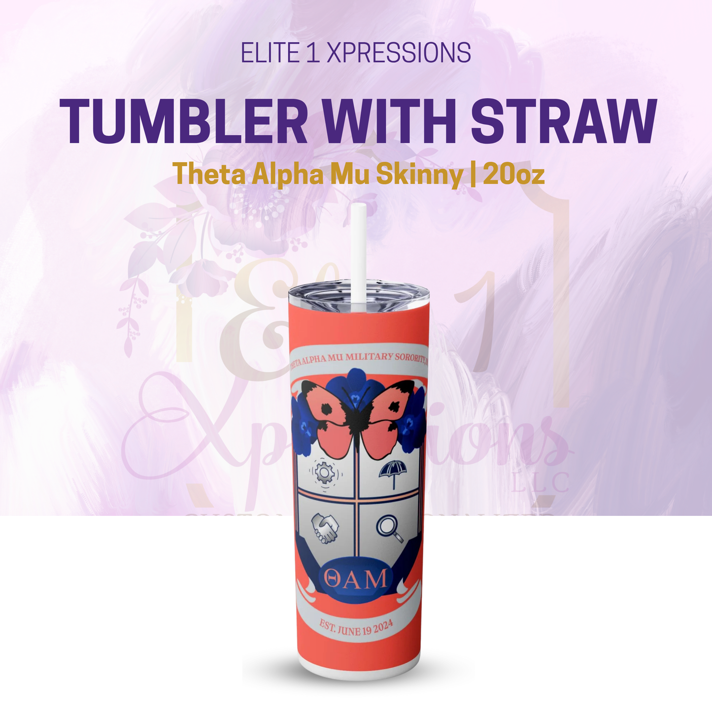 Theta Alpha Mu Skinny Tumbler with Straw, 20oz