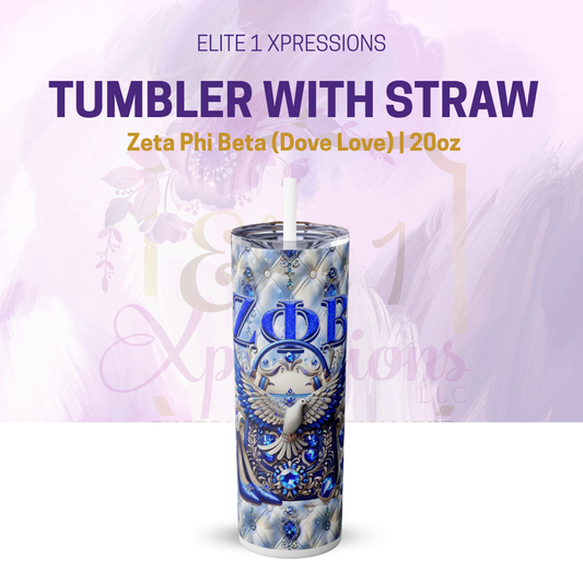 Zeta Phi Beta (Dove Love) Skinny Tumbler with Straw, 20oz