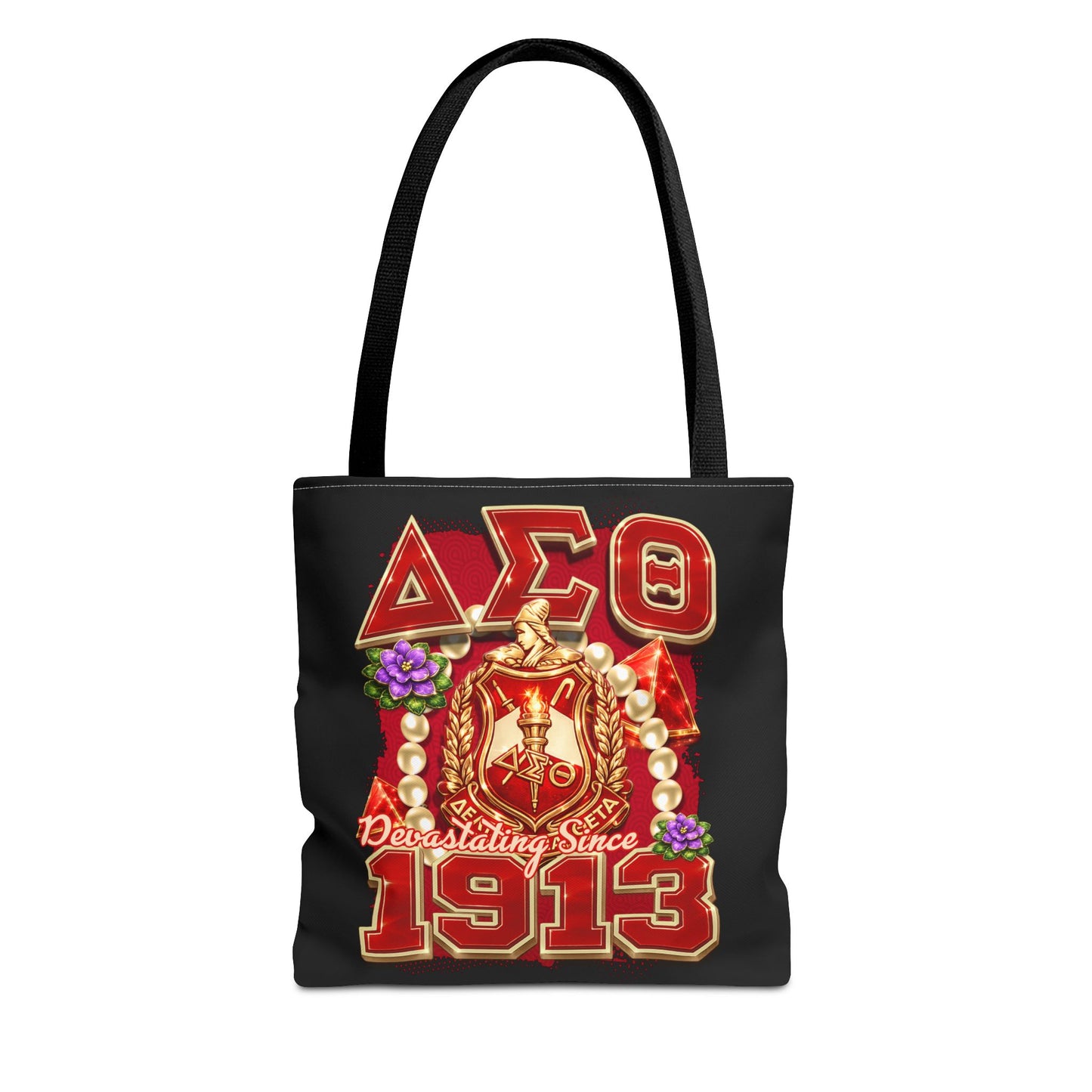 Delta Sigma Theta Crest Pearls I Pyramid I Tote Bag | DST Sorority Design (Black)