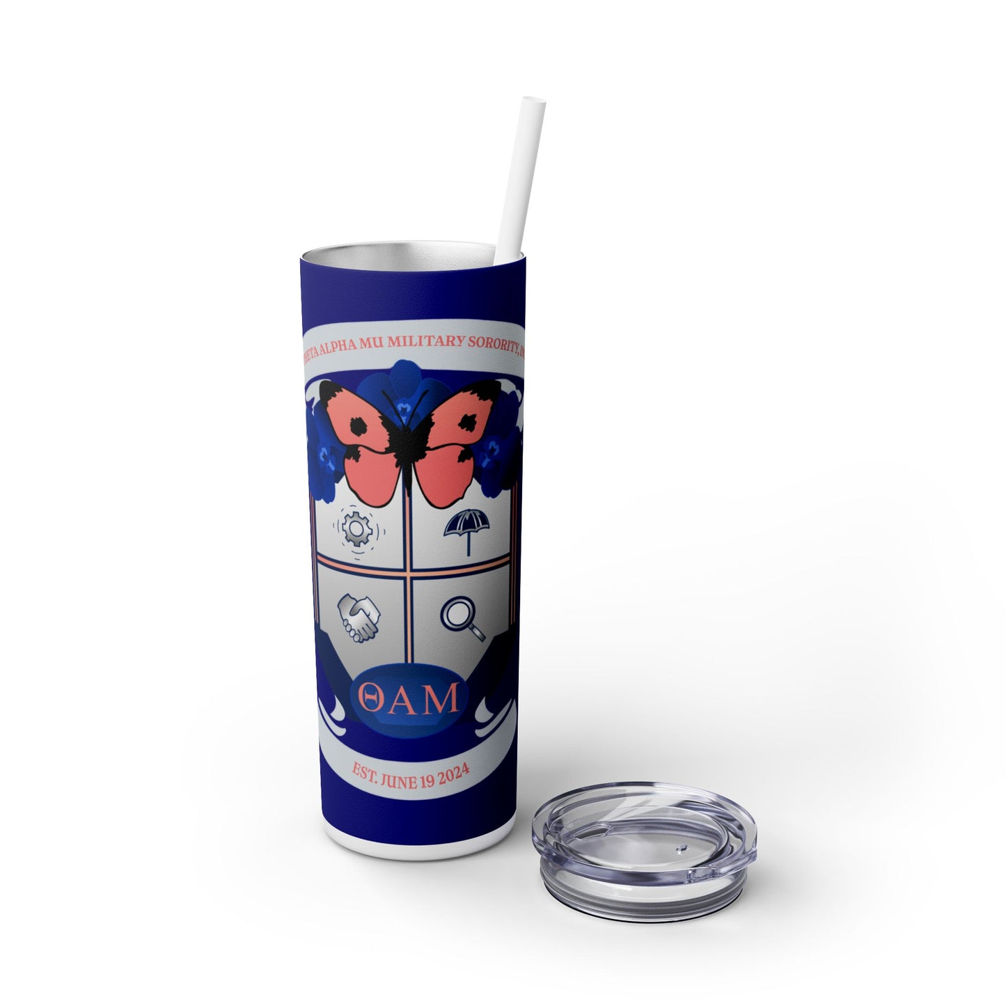 Theta Alpha Mu Skinny Tumbler with Straw, 20oz (Blue)