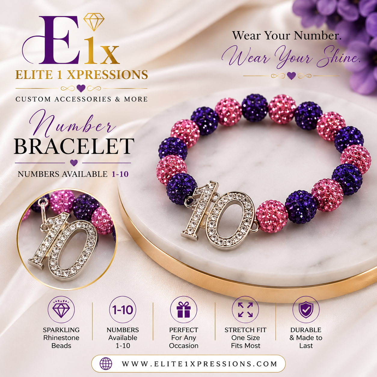 Bracelet ~ Crystal Number  Pink & Purple Bling Edition