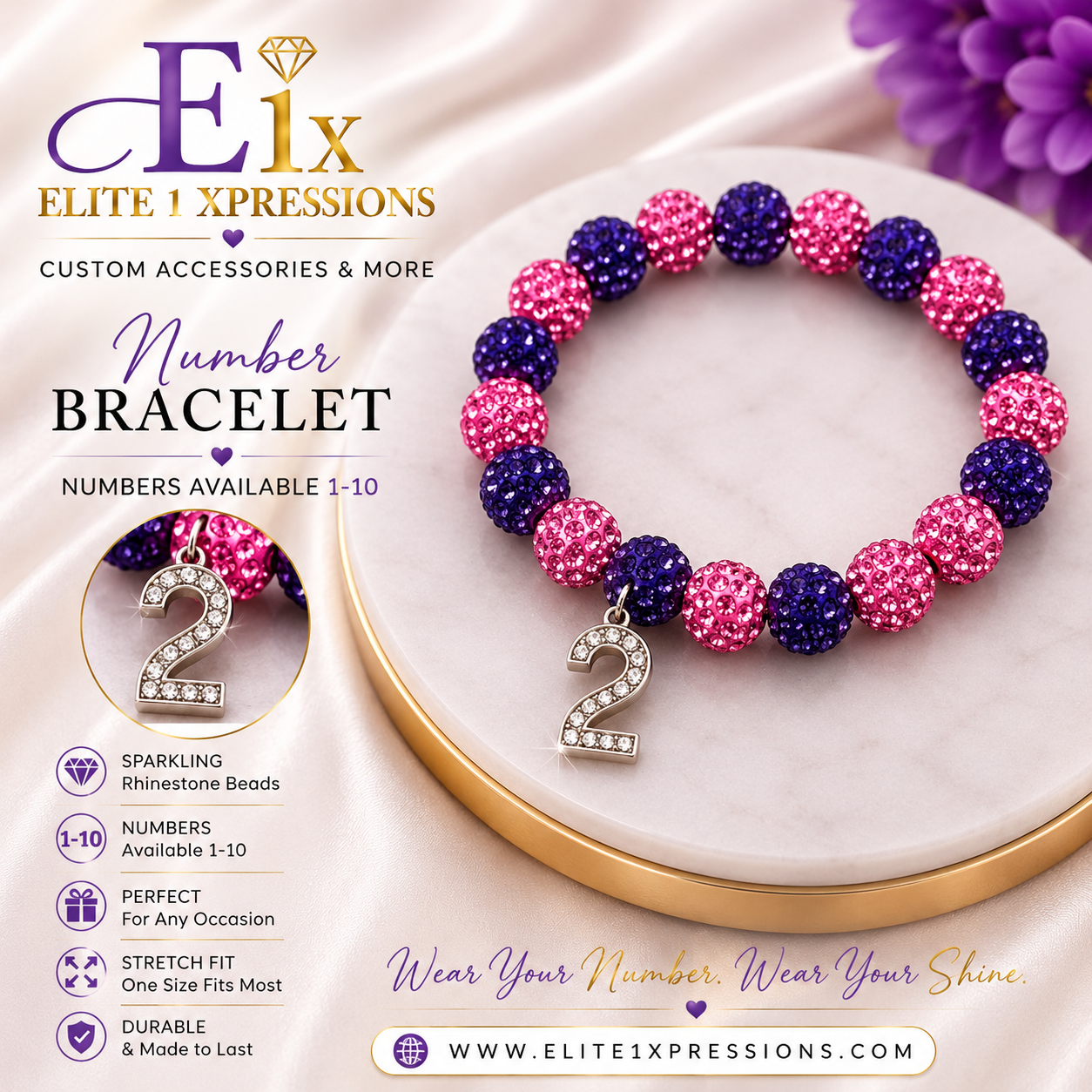 Bracelet ~ Crystal Number  Pink & Purple Bling Edition