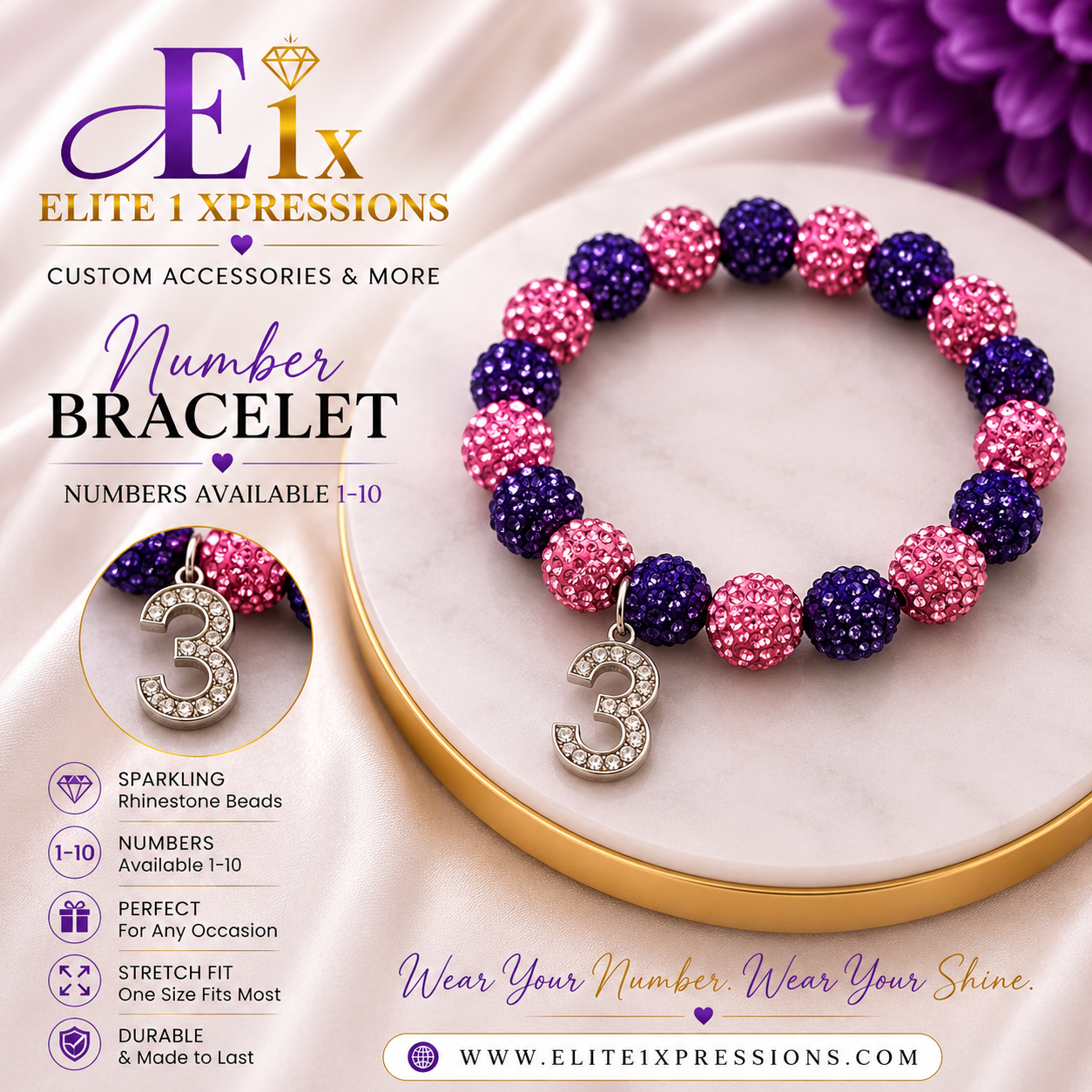 Bracelet ~ Crystal Number  Pink & Purple Bling Edition