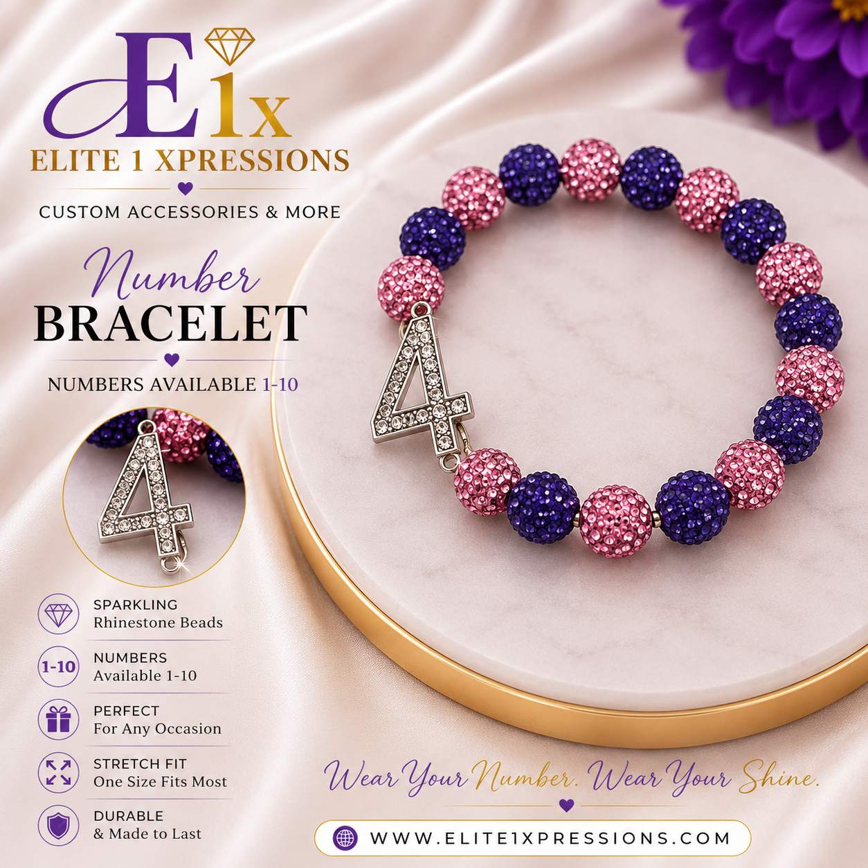 Bracelet ~ Crystal Number  Pink & Purple Bling Edition