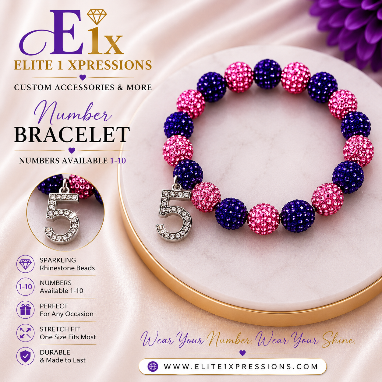 Bracelet ~ Crystal Number  Pink & Purple Bling Edition