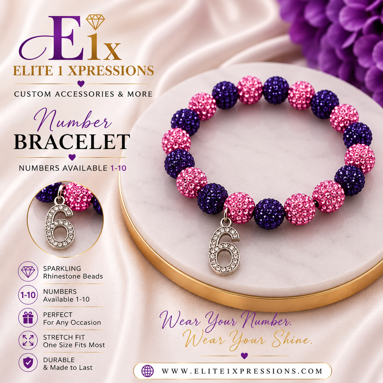 Bracelet ~ Crystal Number  Pink & Purple Bling Edition