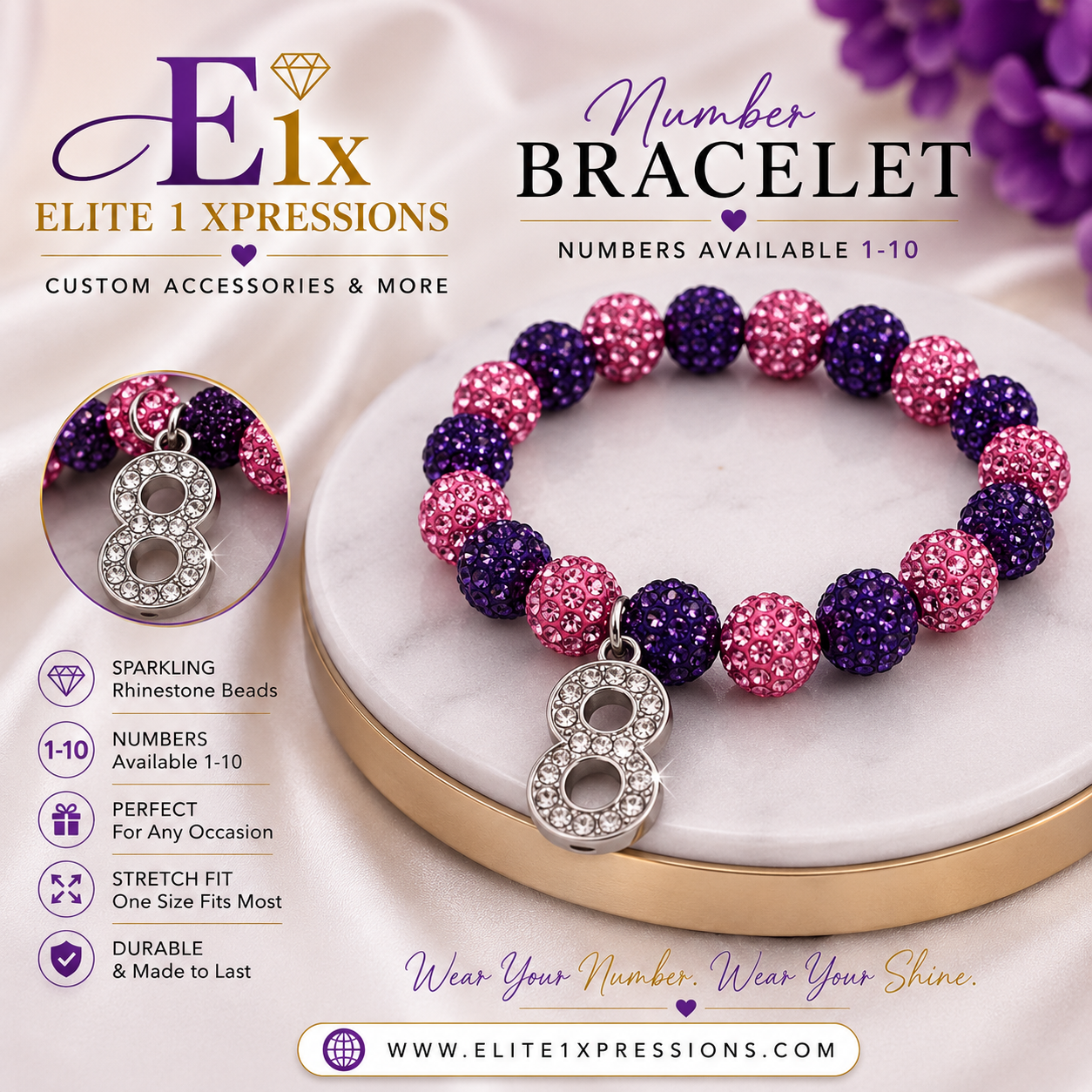 Bracelet ~ Crystal Number  Pink & Purple Bling Edition