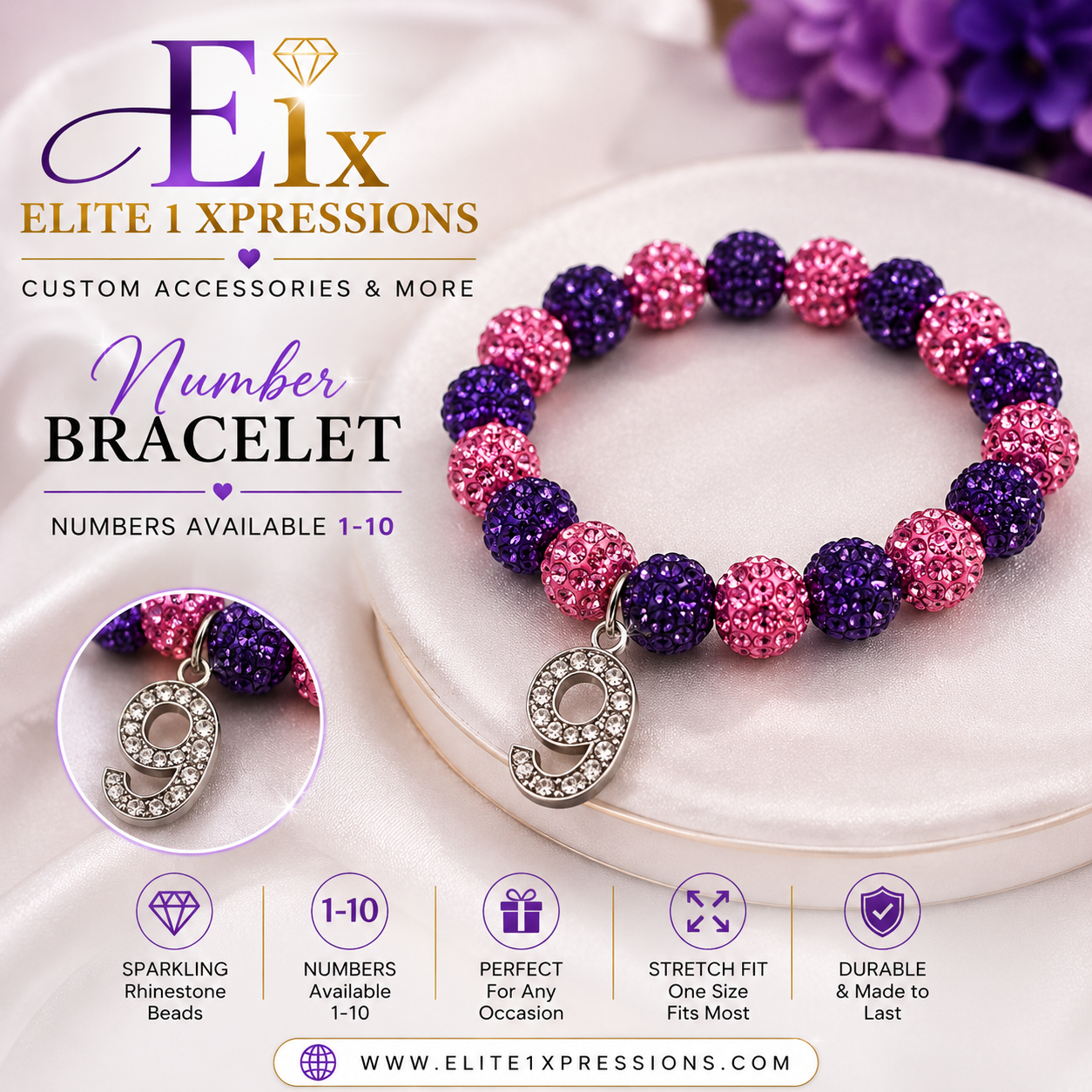 Bracelet ~ Crystal Number  Pink & Purple Bling Edition