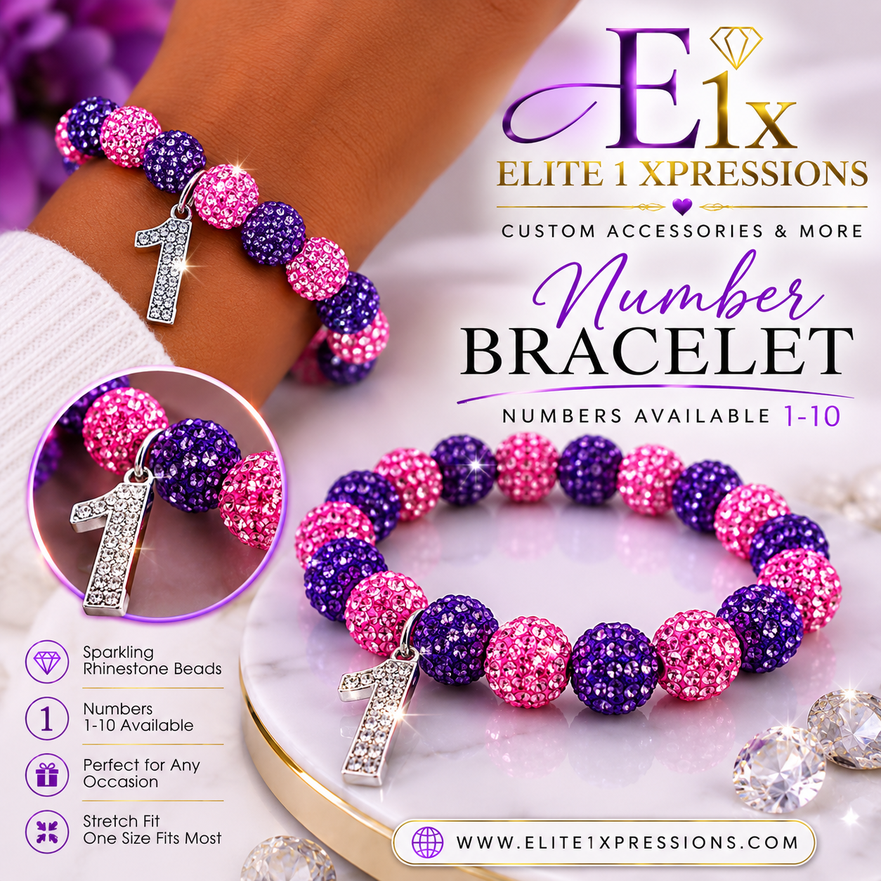Bracelet ~ Crystal Number  Pink & Purple Bling Edition