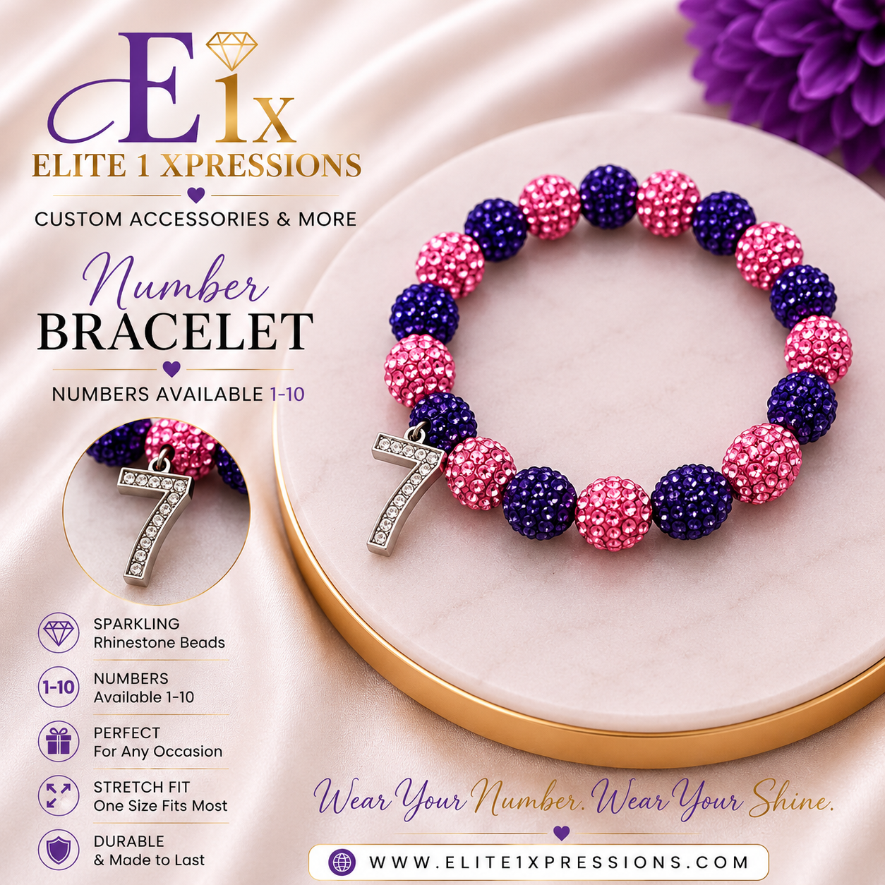 Bracelet ~ Crystal Number  Pink & Purple Bling Edition