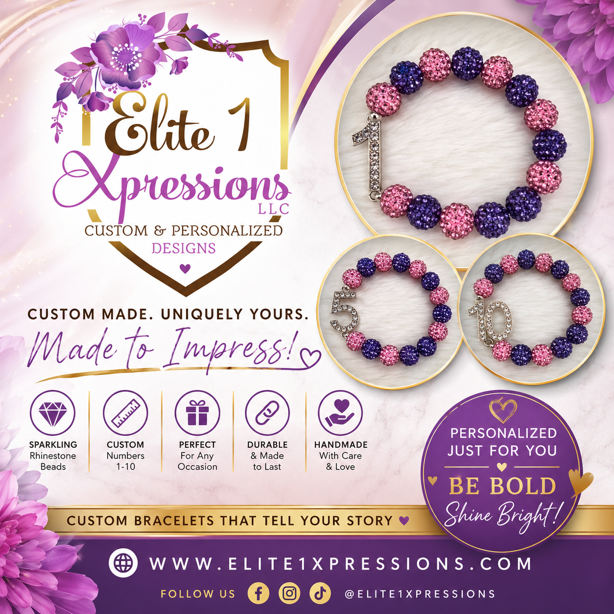 Bracelet ~ Crystal Number  Pink & Purple Bling Edition